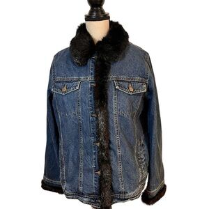 Dennis Basso Lined Denim Faux Fur Trim Jacket Sz-M
